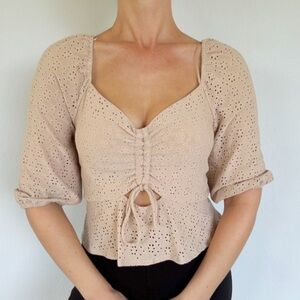 Urban Romantics tan eyelet lace cut out cinch front puff sleeve blouse size XL